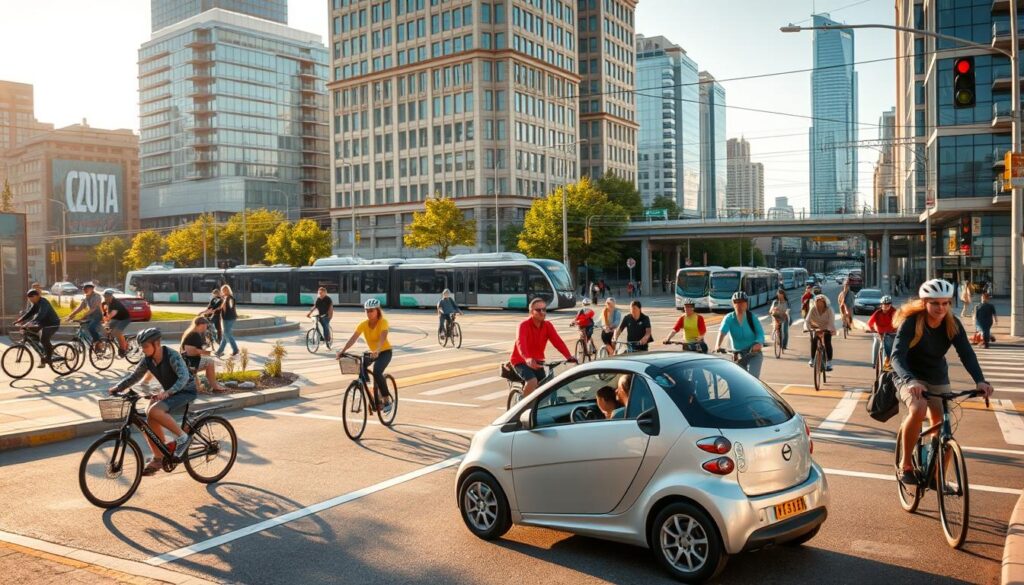 A bustling urban scene with a diverse array of sustainable transportation options. In the foreground, a group of people carpool in a compact electric vehicle, its sleek design and eco-friendly powertrain gleaming in the sunlight. In the middle ground, cyclists navigate dedicated bike lanes, their helmets and high-visibility gear reflecting the city's commitment to active mobility. In the background, a network of public transit buses and trains seamlessly connect the cityscape, their modern, low-emission designs blending harmoniously with the urban architecture. The scene is bathed in warm, natural lighting, conveying a sense of harmony between the built environment and sustainable transportation choices.