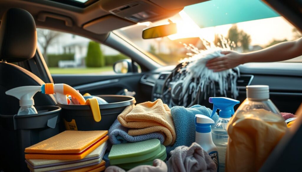 A meticulously detailed car interior with neatly organized cleaning supplies and tools in the foreground, including a bucket, sponges, microfiber cloths, and various car care products. In the middle ground, a person's hands are diligently washing the car's exterior, capturing the process of meticulous cleaning. The background features a serene suburban setting with a well-manicured lawn and a clear, bright sky, creating a calming and inviting atmosphere. Soft, warm lighting casts a gentle glow, accentuating the textures and colors of the scene. The overall composition emphasizes the care and attention required for proper car maintenance, suitable for a beginner's guide on car care.