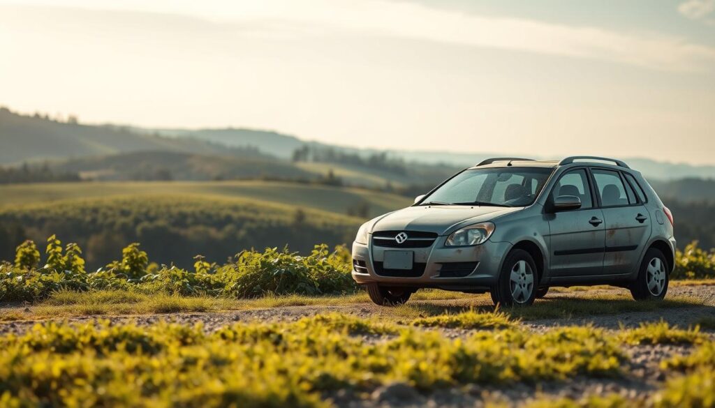 A tranquil scene depicting the environmental impact of second-hand vehicles. In the foreground, a used car stands proudly, its weathered exterior reflecting the passage of time. The middle ground showcases lush greenery, representing the resources saved by opting for a pre-owned automobile. In the background, a serene landscape unfolds, with rolling hills and a clear sky, conveying a sense of harmony between the vehicle and its surroundings. Soft, natural lighting casts a warm glow, emphasizing the sustainable nature of this choice. The overall composition evokes a feeling of environmental responsibility and the benefits of embracing the second-hand market.