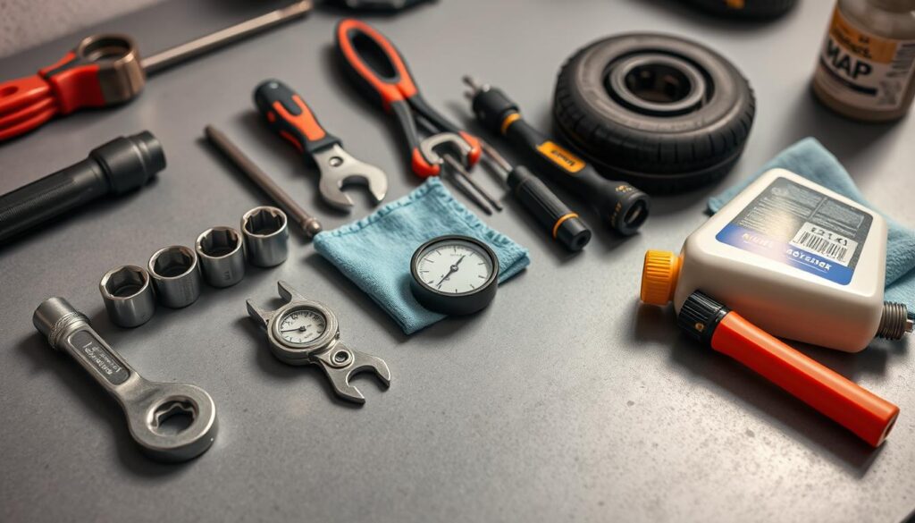high-resolution, detailed, close-up shot of an assortment of essential car care tools arranged neatly on a clean, grey workshop table, with a warm, directional lighting that casts soft shadows, creating a sense of depth and focus on the tools. The tools include a socket wrench set, pliers, screwdrivers, a tire pressure gauge, a flashlight, a clean microfiber cloth, and a bottle of car polish. The tools are meticulously organized, conveying a sense of order and professionalism, suitable for an article on basic car maintenance for beginners.